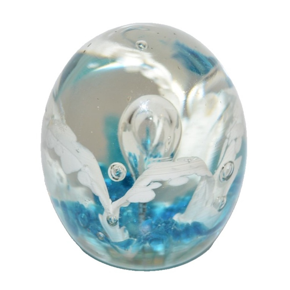 Vtg Hand Blown Art Glass Paperweight Blue White Flower Controlled Bubbles